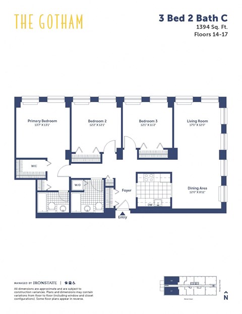 Floor plan for 3 beds, 2 baths, 1394 sqft